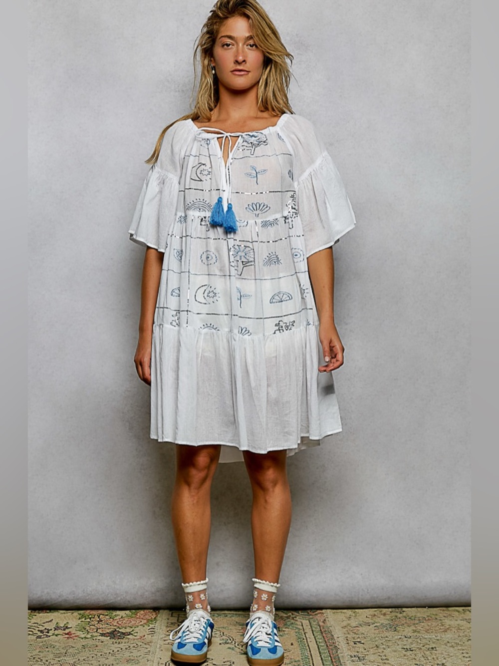 POL Tied Tassel Embroidery Half Flared Sleeve Mini Dress - Picture 5 of 6